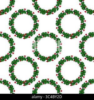 Seamless vector pattern of stylized holly wreaths with red berries, perfect for festive Christmas designs and winter-themed projects. Stock Vector