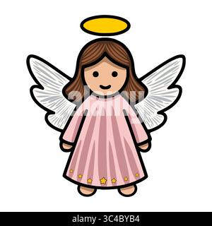 Adorable vector illustration of a Christmas angel with detailed wings, a pink dress adorned with stars, and a golden halo, perfect for festive designs Stock Vector