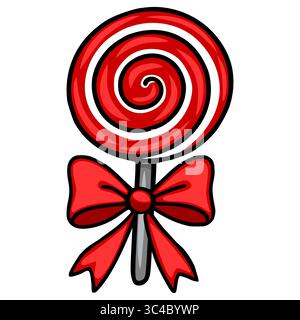 Festive Vector Illustration of a Red Swirl Lollipop Adorned with a Big Red Bow, Perfect for Holiday Designs and Sweet Treats Themed Projects. Stock Vector