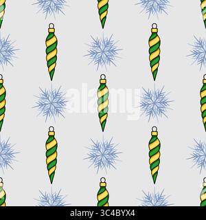 Seamless vector Christmas pattern featuring stylized green and yellow spiral ornaments and delicate snowflakes on a light gray background, ideal for f Stock Vector