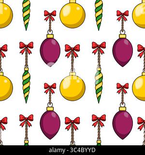 Seamless vector pattern with hand-drawn Christmas ornaments: golden and purple baubles hanging on twisted cords with red bows and green-yellow spiral Stock Vector