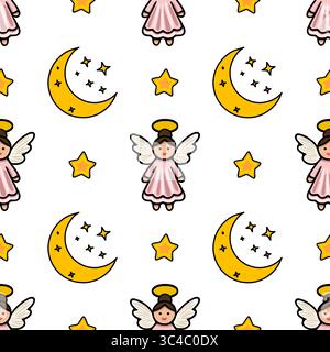 Seamless vector pattern of cute angels, crescent moons, and stars, perfect for Christmas or baby-themed designs. Stock Vector