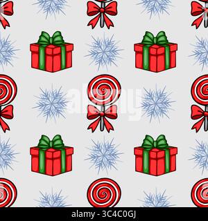 Seamless vector Christmas pattern featuring red gift boxes with green ribbons, red lollipops with bows, and stylized snowflakes on a light gray backgr Stock Vector