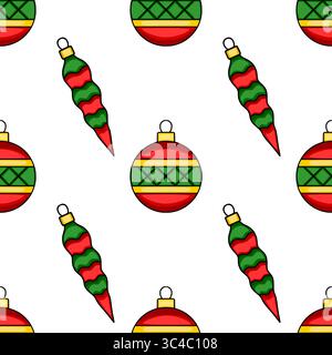 Seamless vector pattern with stylized Christmas ornaments: red and green baubles and icicle decorations on white background, creating a festive and ch Stock Vector