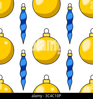 Seamless vector pattern of golden Christmas balls and blue icicle ornaments, a cheerful and festive design perfect for winter holidays. Stock Vector