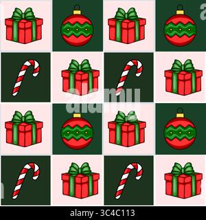 Seamless vector Christmas pattern featuring red gifts with green bows, green and red Christmas balls, and candy canes, arranged in a checkerboard desi Stock Vector