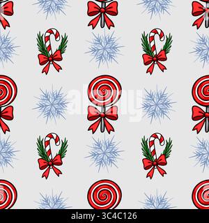 Seamless vector Christmas pattern with red lollipops, candy canes, bows, and snowflakes on a light gray background, perfect for festive designs and wi Stock Vector