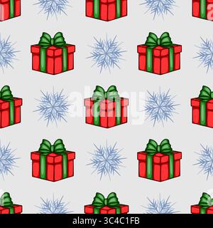 Seamless vector pattern with red gift boxes and stylized snowflakes, perfect for festive winter design projects. Stock Vector