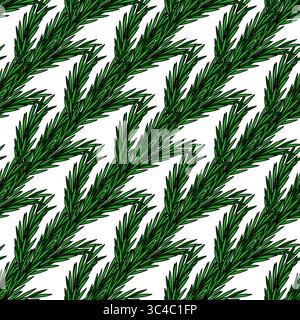 Seamless vector pattern of stylized dark green rosemary sprigs arranged diagonally on a white background, creating a vibrant and fresh botanical illus Stock Vector