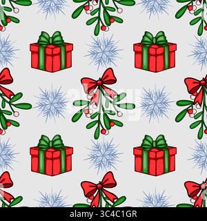 Seamless vector Christmas pattern featuring red gift boxes with green ribbons, mistletoe sprigs with red and white berries, and stylized snowflakes on Stock Vector