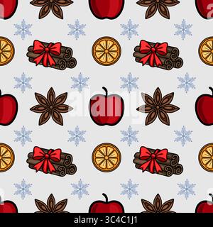 Seamless vector Christmas pattern with red apples, cinnamon sticks with bows, star anise, orange slices, and snowflakes on a light gray background, id Stock Vector