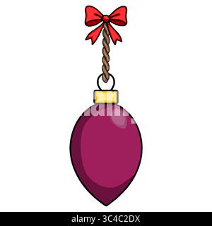 Festive vector illustration of a single maroon Christmas bauble hanging from a twisted rope with a red bow, perfect for holiday designs. Stock Vector
