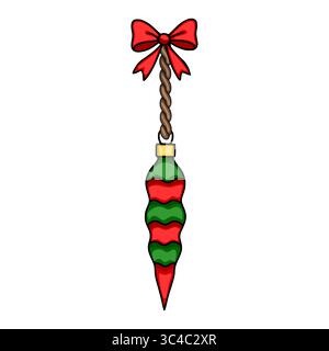 Festive vector illustration of a unique Christmas ornament with a red bow and twisted rope, featuring a stylized wavy pattern in red and green. Stock Vector