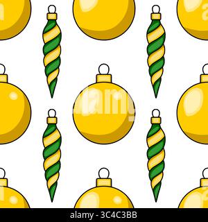 Seamless vector pattern of golden Christmas balls and green-gold spiral ornaments, perfect for festive winter designs and holiday backgrounds. Stock Vector