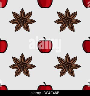 Seamless vector pattern featuring stylized red apples and brown anise stars on a light gray background, ideal for autumnal or Christmas designs. Stock Vector