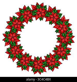 Festive Christmas vector wreath design featuring vibrant red poinsettia flowers and lush green leaves, perfect for holiday cards and invitations. Stock Vector
