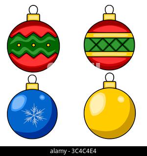 Festive vector illustration of four unique Christmas baubles with distinct patterns: zigzag, diamond, snowflake, and solid color, perfect for holiday Stock Vector