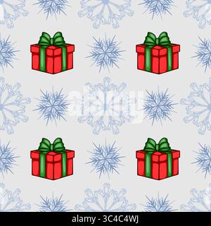 Seamless vector Christmas pattern featuring red gift boxes with green bows and stylized light blue snowflakes on a light gray background, ideal for fe Stock Vector