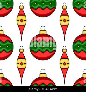 Seamless vector pattern of stylized Christmas baubles and icicle ornaments in red, green and gold, perfect for festive winter designs. Stock Vector