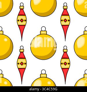 Seamless vector pattern featuring stylized golden Christmas balls and red icicle ornaments, creating a cheerful and festive design ideal for winter ho Stock Vector