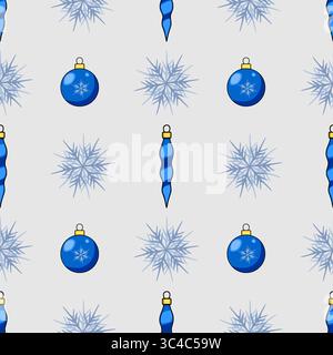 Seamless vector Christmas pattern with blue baubles, stylized snowflakes, and icicle ornaments on a light gray background, perfect for festive designs Stock Vector