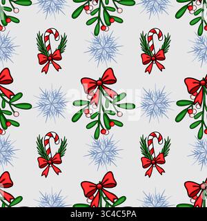 Seamless vector Christmas pattern featuring mistletoe sprigs adorned with red bows, candy canes with greenery, and delicate snowflakes on a light gray Stock Vector