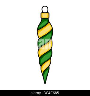 Festive vector illustration of a swirling Christmas tree ornament in green and gold, featuring a unique spiral design and a simple, elegant style, per Stock Vector