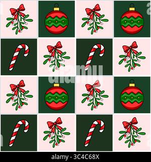 Seamless vector Christmas pattern featuring candy canes, mistletoe sprigs with red bows, and red and green Christmas baubles in a checkered design. Stock Vector