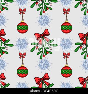 Seamless vector Christmas pattern featuring red and green baubles, mistletoe sprigs with red bows, and stylized snowflakes on a light gray background, Stock Vector