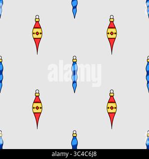 Seamless vector pattern featuring stylized Christmas ornaments in red and blue, perfect for festive backgrounds and winter holiday designs. Stock Vector