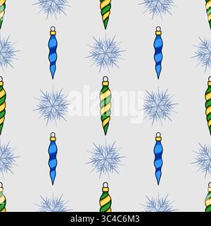 Seamless vector Christmas pattern featuring stylized blue and green spiral ornaments and delicate snowflakes on a light grey background, perfect for f Stock Vector
