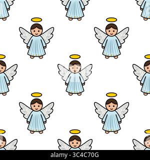 Seamless vector pattern of cute baby angels with light blue robes, halo, and wings, perfect for Christmas or religious designs. Stock Vector
