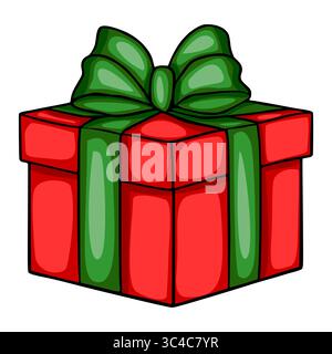 Festive red vector gift box illustration with a stylized green bow, perfect for holiday designs and celebrations. Stock Vector