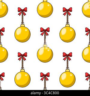 Seamless vector pattern of golden Christmas balls with red bows on twisted ropes, creating a festive and playful design ideal for winter holidays wrap Stock Vector