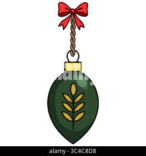 A vector illustration of a dark green Christmas tree ornament with a gold wheat design, hanging from a brown twisted rope with a red bow. Stock Vector