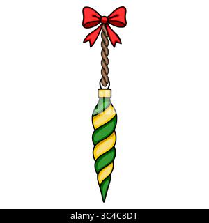 Festive vector illustration of a unique Christmas tree ornament: a spiral-shaped bauble in green and gold with a red bow and brown rope. Stock Vector