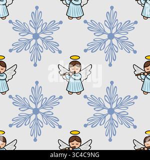 Seamless vector pattern of cute angels playing flutes amidst stylized snowflakes, perfect for Christmas-themed designs and festive backgrounds. Stock Vector