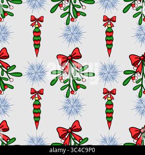 Seamless vector Christmas pattern featuring mistletoe sprigs with red bows, striped Christmas ornaments, and delicate snowflakes on a light gray backg Stock Vector