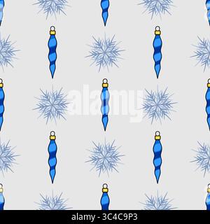 Seamless vector pattern featuring stylized blue Christmas ornaments and delicate snowflakes on a light gray background, perfect for festive designs. Stock Vector