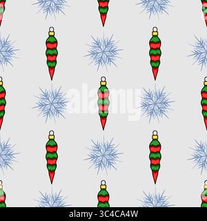 Seamless vector Christmas pattern featuring stylized red and green striped ornaments and delicate light-blue snowflakes on a light-grey background, id Stock Vector