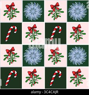 Seamless vector Christmas pattern featuring mistletoe, candy canes, and snowflakes in a repeating checkered design with pink and green squares. Stock Vector