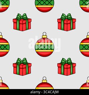 Seamless vector Christmas pattern featuring red and green presents with bows and decorative baubles, ideal for festive backgrounds and wrapping paper Stock Vector
