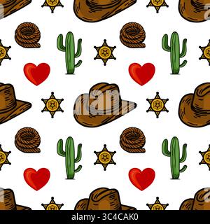 A playful vector vector pattern featuring cowboy hats, cacti, sheriff stars, hearts, and yarn balls on a white background. Ideal for western-themed de Stock Vector