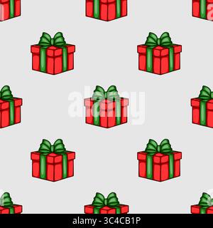Seamless vector pattern of red gift boxes with green bows, perfect for festive Christmas or holiday designs, offering a playful and joyful aesthetic. Stock Vector