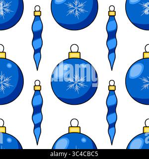 Seamless vector pattern of blue Christmas baubles with snowflakes and spiral icicles on a white background, perfect for festive winter designs. Stock Vector