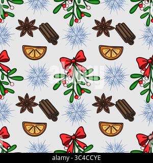 Seamless vector Christmas pattern with mistletoe, cinnamon, star anise, orange slices, and snowflakes, perfect for festive holiday designs. Stock Vector