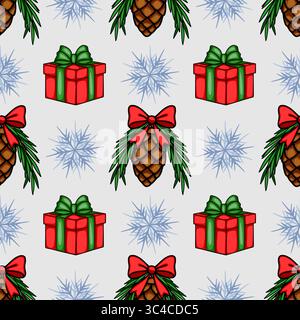 Seamless vector Christmas pattern featuring red gift boxes with green and red ribbons, pine cones adorned with bows, and stylized snowflakes on a ligh Stock Vector