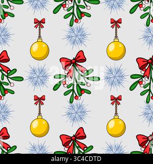 Seamless vector Christmas pattern featuring mistletoe sprigs with red bows, golden baubles, and stylized snowflakes on a light grey background, creati Stock Vector