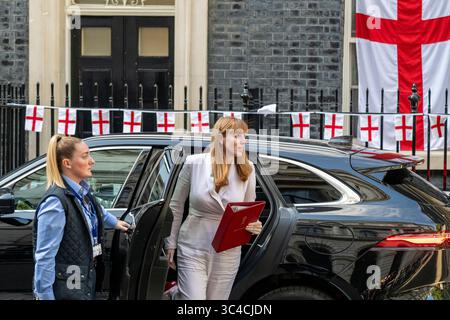 London, UK.  28 July 2025.  Angela Rayner, Deputy Prime Minister, arrives in a decorated Downing Street to host a reception at Number 10 with the England women’s football team following their win against Spain on penalties in the Euro 2025 final in Switzerland to retain the trophy.  It is also the first time that an England national team has won an international tournament overseas.  Credit: Stephen Chung / Alamy Live News Stock Photo