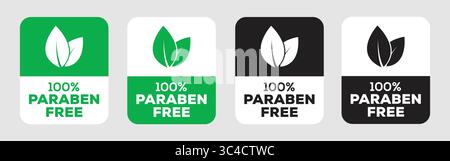 100% Paraben Free vector label signs for product packaging label. 100 Percent Paraben Free Label Set with Leaf Icon in Green and Black Stock Vector